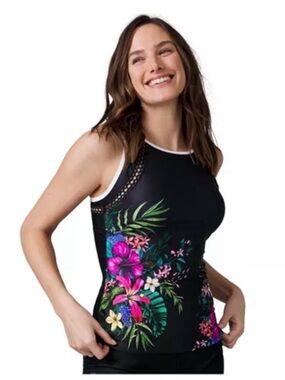 Free Country High Neck Black Floral Tankini Top - Women’s Small